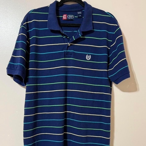 Chaps Other - Chaps Polo Shirt Mens Large Navy Blue Striped‎ Short Sleeve Cotton Pique Logo